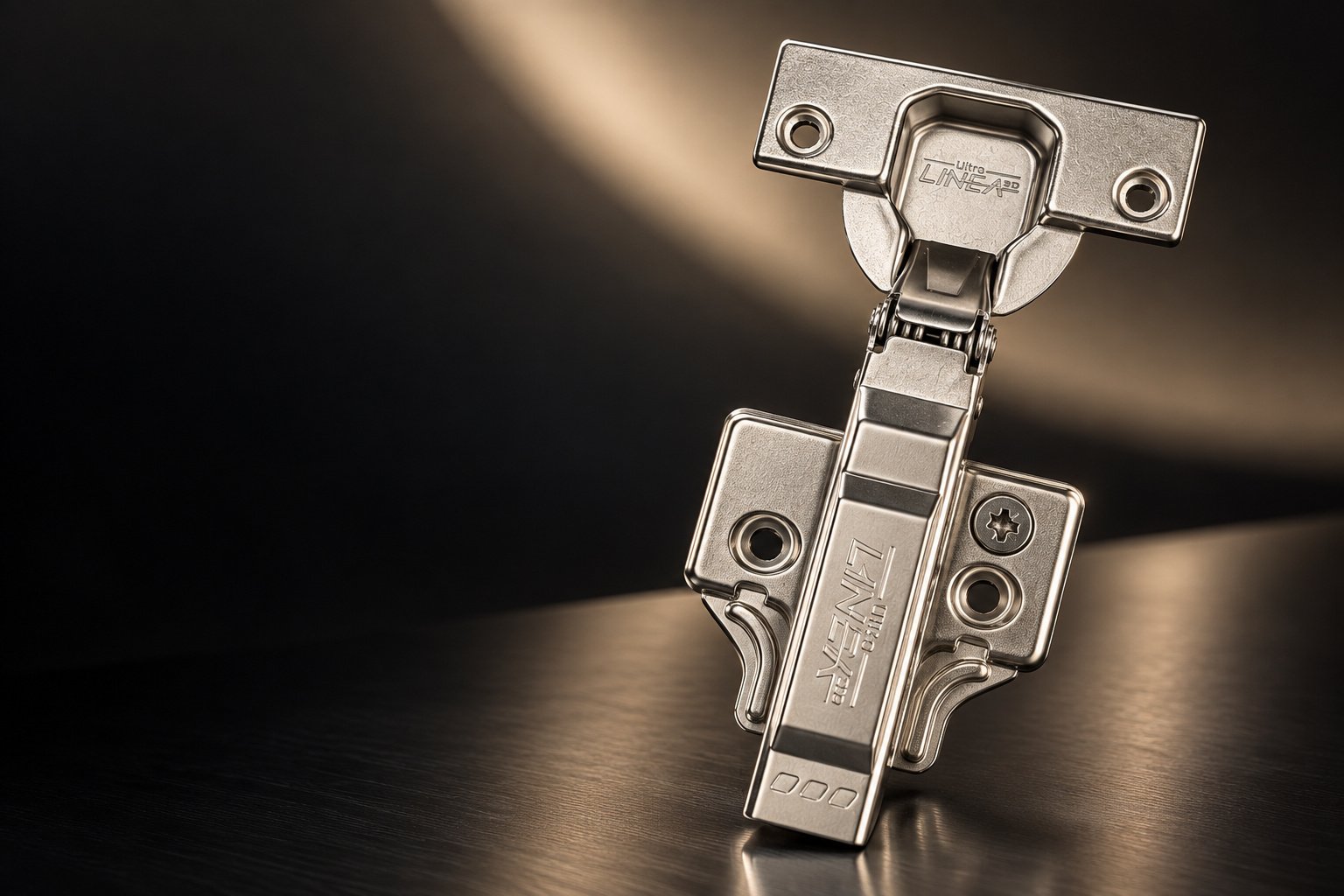 Dobradiça Ultra LINEA 3D aberta, com detalhes do acabamento